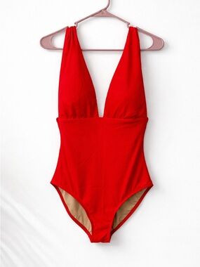 J. Crew Bold Red Plunge V-Neck One-Piece Swimsuit Size 8